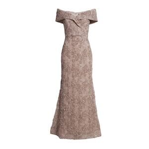 XSCAPE 14P Taupe Blush Sequin Lace Off Shoulder Ruched Long Formal Gown Dress